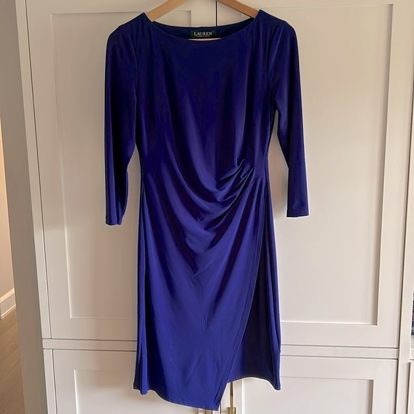 Lauren Ralph Lauren Dresses & Skirts - Lauren by Ralph Lauren Faux Wrap Midi Ruching Blue Round Neck 3/4 Sleeves Size 4
